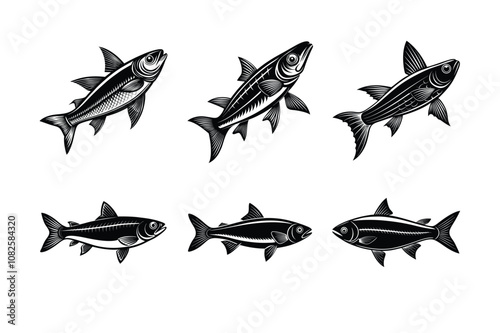 herring fish design, labeled linocut vector silhouette illustration.