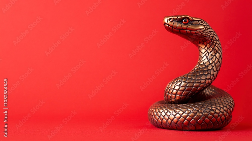Fototapeta premium Bronze snake figurine on a red background. Happy Chinese New Year.