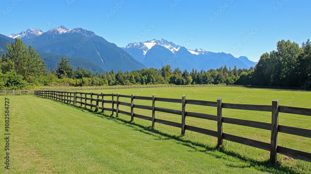 Scenic Mountain Landscape with Green Field and Fence Scenic Mountain Landscape with Green Field and Fence
