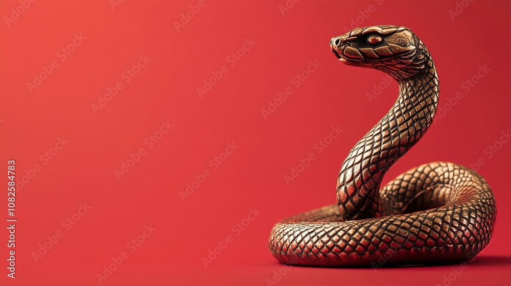 Fototapeta premium Bronze snake figurine on a red background. Happy Chinese New Year.