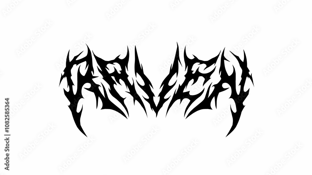 Obraz premium Raven typography vector in a striking and intense dark metal font style for t-shirt print apparel, sticker, poster, logo and more