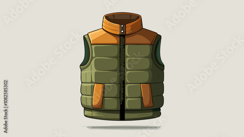 A solid-color down vest with a high collar design, in a minimalist style, in olive green and beige colors. Product photography, front view, against a white background, with studio lighting. High resol