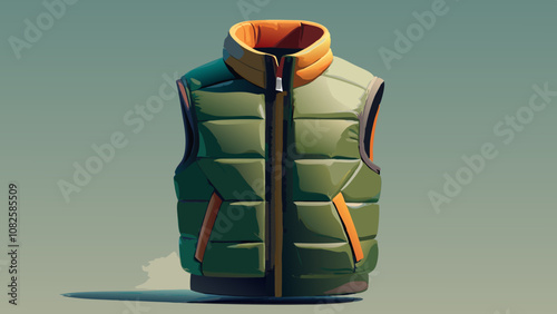 A solid-color down vest with a high collar design, in a minimalist style, in olive green and beige colors. Product photography, front view, against a white background, with studio lighting. High resol