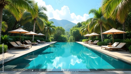 A tranquil and serene tropical oasis showcasing a luxurious swimming pool surrounded by lush greenery and sun