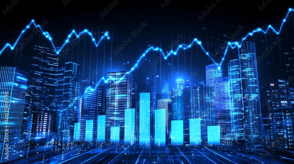 Growing business graph increasing over modern city skyline at night Growing business graph increasing over modern city skyline at night
