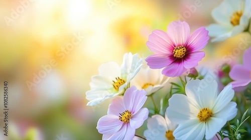 A Dreamy Meadow of Wildflowers Bathed in Soft Sunlight, Featuring White, Pink, and Yellow Flowers, Perfect for Themes of Spring, Nature's Beauty, Relaxation, and Floral Elegance in Bloom