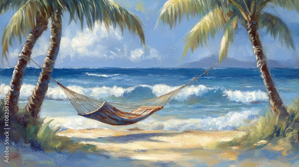 Naklejka premium Relaxing Hammock on Tropical Beach with Palm Trees