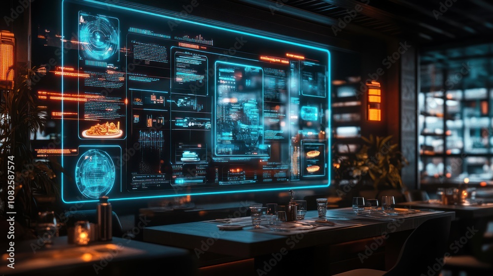 Futuristic cafe interior with glowing digital display on the wall. Futuristic cafe interior with glowing digital display on the wall.