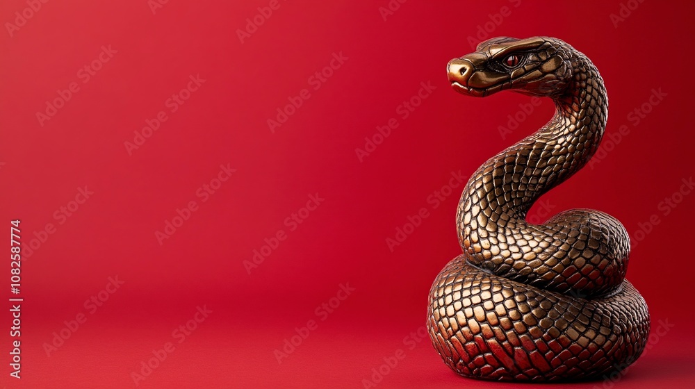 Fototapeta premium Bronze snake figurine on a red background. Happy Chinese New Year.