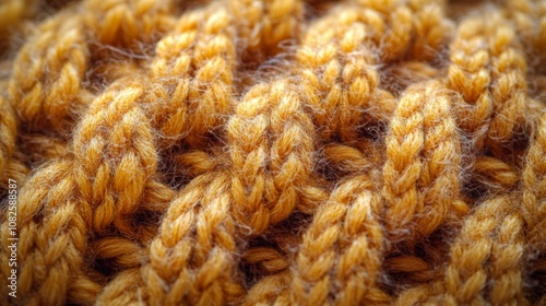 This close-up reveals the fine details of a yellow knitted fabric, highlighting the complexity of its patterns and the softness of the yarn used.