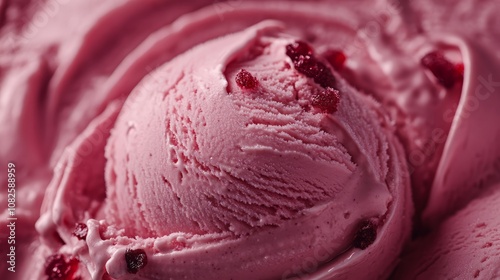 Close-up of a scoop of pink raspberry ice cream with raspberries on top.