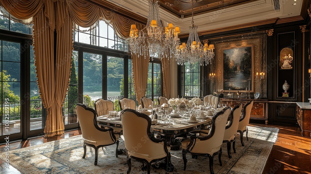 Fototapeta premium A large dining room with a large table, chairs, and a chandelier. The room has large windows with curtains and a painting on the wall.