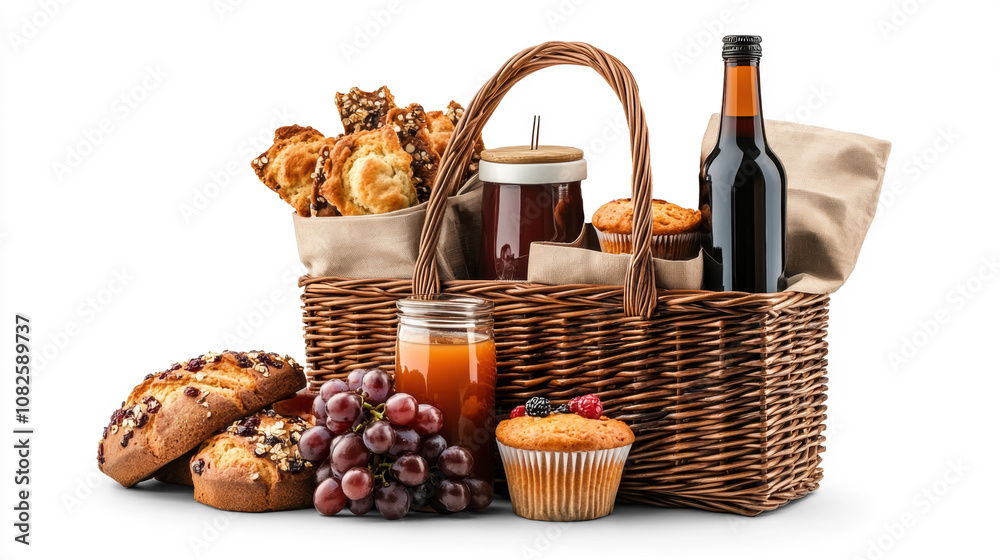 Rustic Basket with Baked Goods and Drinks