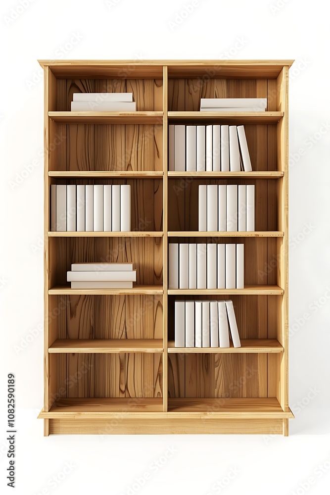 Elegant Wooden Bookshelf Displaying Empty White Book Covers Against a Minimalist Background, Perfect for Interior Design and Home Decoration Concepts Elegant Wooden Bookshelf Displaying Empty White Book Covers Against a Minimalist Background, Perfect for Interior Design and Home Decoration Concepts