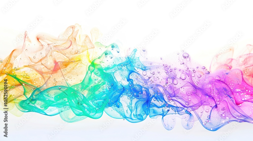 Fototapeta premium Rainbow Colored Soap Bubbles on White Background - a vibrant and cheerful visual. The soap bubbles add a playful touch to the clean, white backdrop.