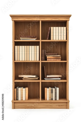 Classic Wooden Bookshelf with Open Shelves Displaying Neatly Arranged Books in a Minimalist Style Ideal for Home or Office Décor and Organization