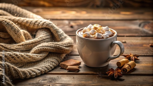 A warm mug of hot chocolate topped with fluffy marshmallows, nestled on a rustic wooden table, surrounded by the cozy comfort of a knitted scarf and aromatic spices.