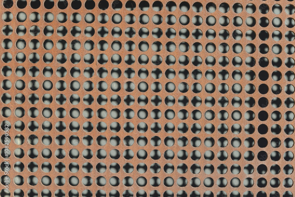 oxidized metal plate with circular perforations or holes