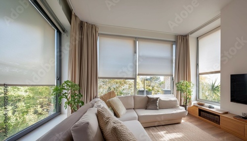 interior of a modern living room with large windows on which white internal roller blinds are installed