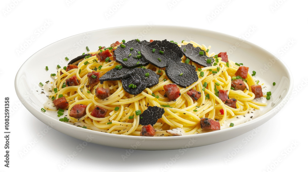 An isolated image of Spanish Influence Black Truffle Pasta on a white background. The angel hair pasta is in saffron cream sauce, topped with black truffle slices, chorizo crumbles An isolated image of Spanish Influence Black Truffle Pasta on a white background. The angel hair pasta is in saffron cream sauce, topped with black truffle slices, chorizo crumbles
