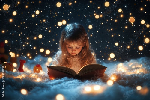 Hyperrealistic portrait of a little girl with curly light hair, reading a book of fairy tales. Magical holiday atmosphere, warm lighting, AI generated photo