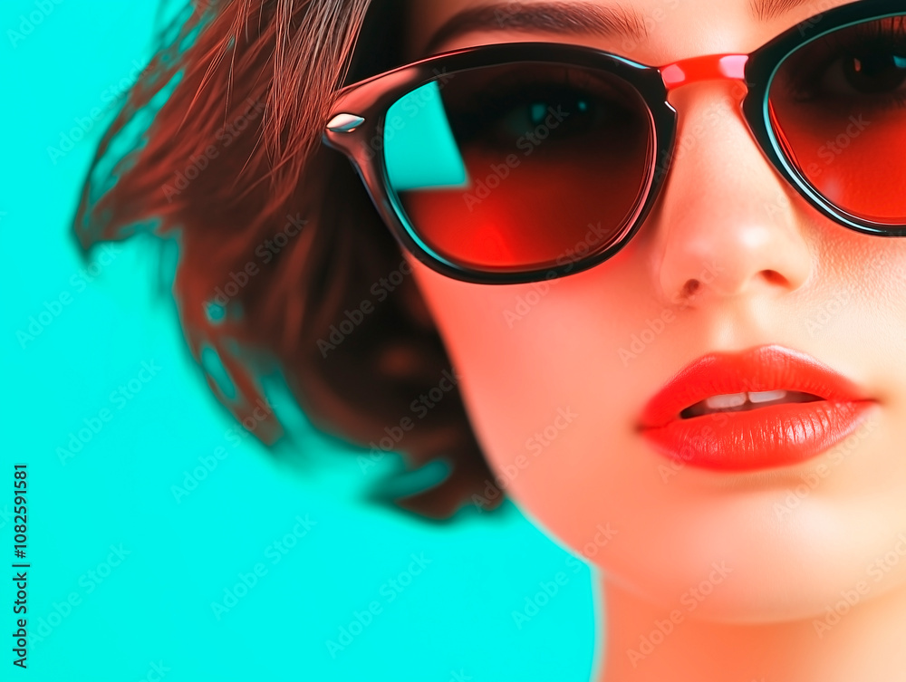 beautiful young woman wearing sunglasses on bright turquoise background beautiful young woman wearing sunglasses on bright turquoise background