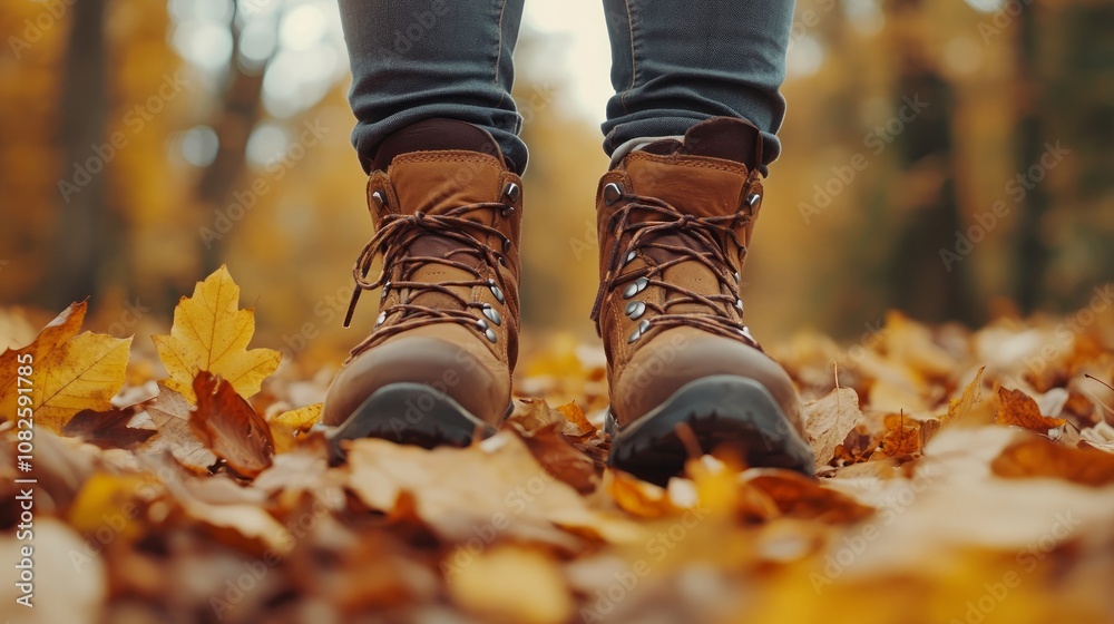 Close-up of brown hiking boots standing on a bed of autumn leaves.