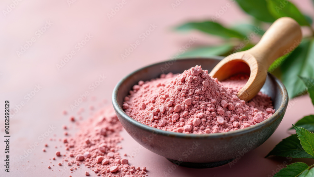 Close-up of a small bowl filled with vibrant pink matcha powder being scooped by a wooden spoon. Close-up of a small bowl filled with vibrant pink matcha powder being scooped by a wooden spoon.