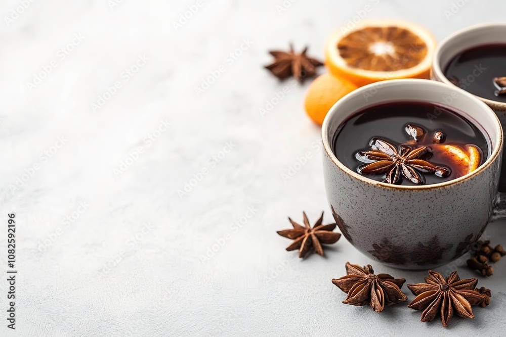 Cozy mulled wine with spices and orange on light background Cozy mulled wine with spices and orange on light background