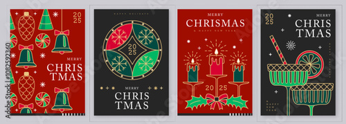 Set of modern line art Merry Christmas and Happy New Year greeting cards, covers or posters with holiday decoration. Christmas background. Vector illustration
