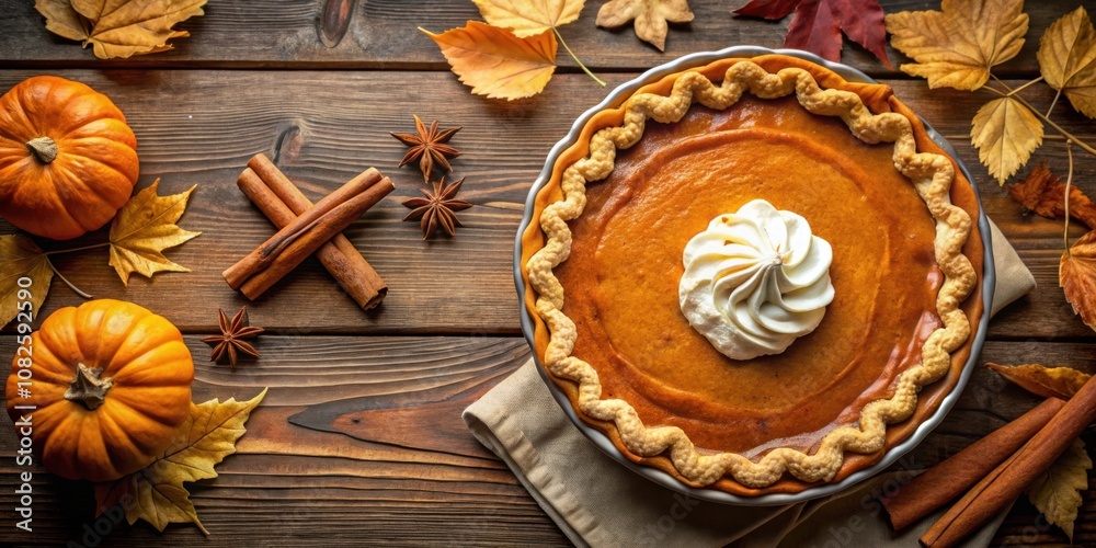 A Festive Pumpkin Pie Adorned with Whipped Cream, Surrounded by Autumn Leaves, Cinnamon Sticks, and Star Anise