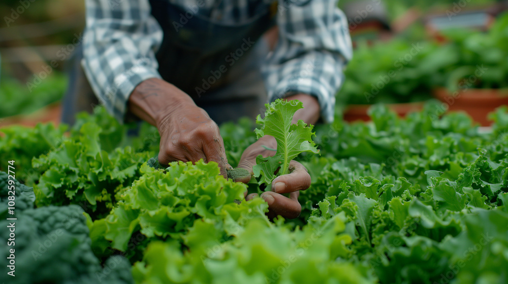 Fototapeta premium Person harvesting leafy greens in an organic community garden.