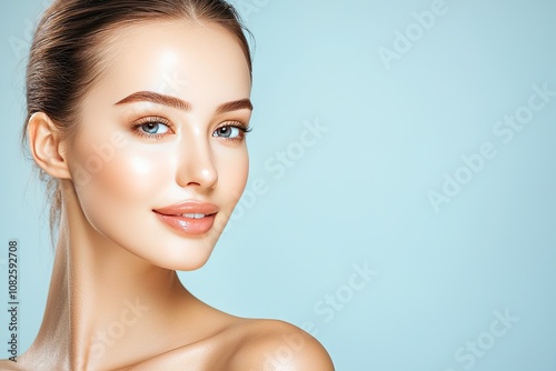 Beautiful woman with natural makeup against a light blue background