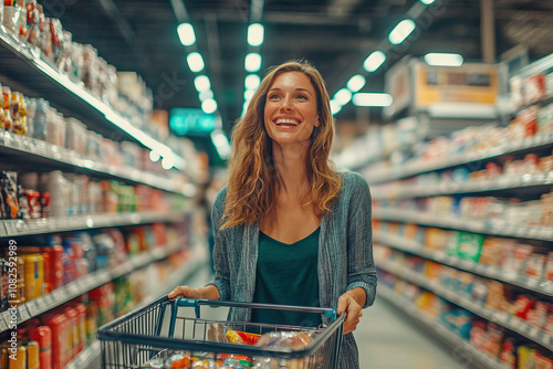 Young woman shopping in a supermarket pushing a shopping cart