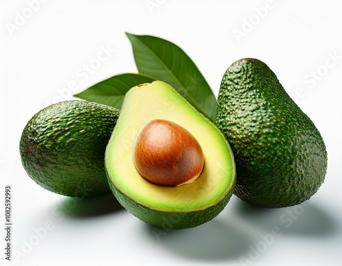 set of fresh whole avocados and half avocados with leaves on a clear background photo