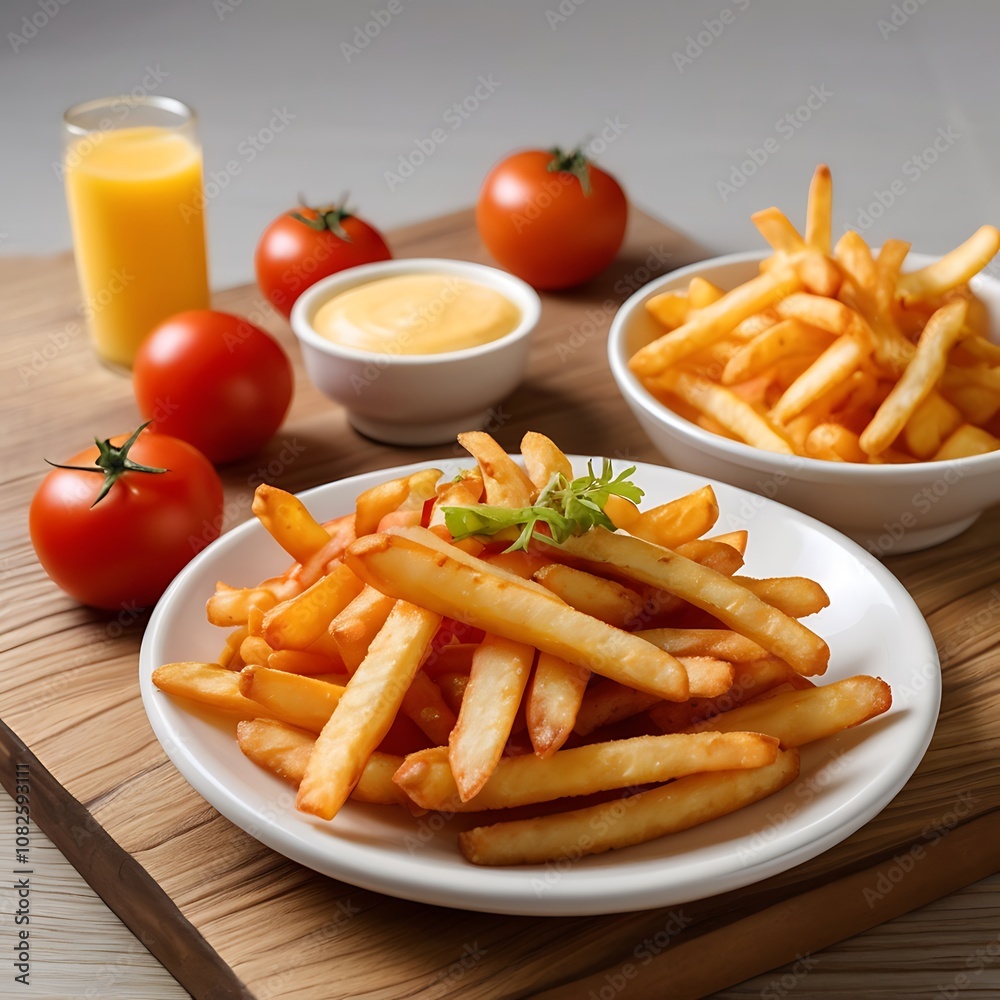 Delicious French fries with cheese tomato fried Served Delicious French fries with cheese tomato fried Served