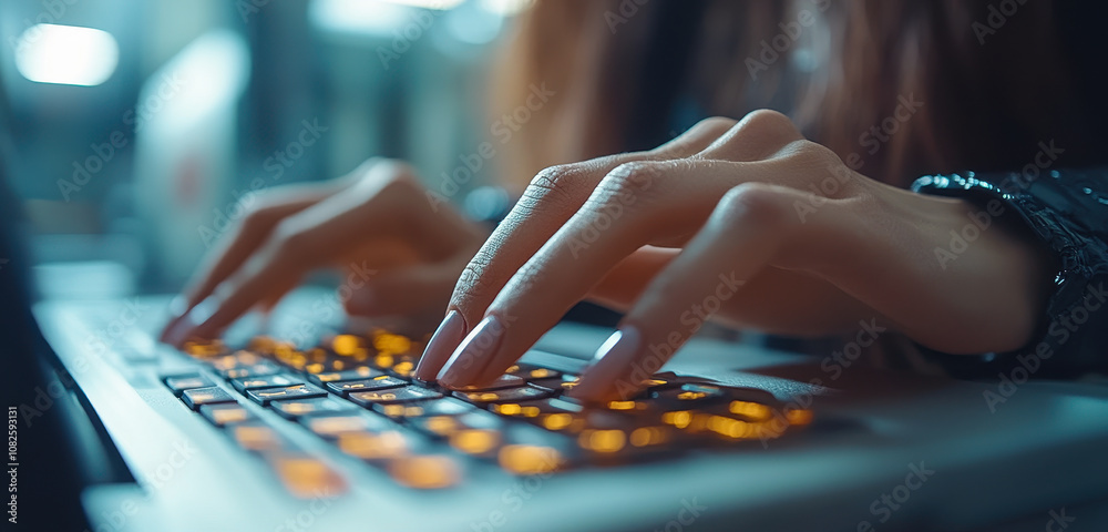 Fototapeta premium Business Woman Typing on Keyboard in Office, Online Work Concept, Remote Work Environment