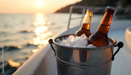 Beer bottles cooling in an ice bucket on a yacht photo