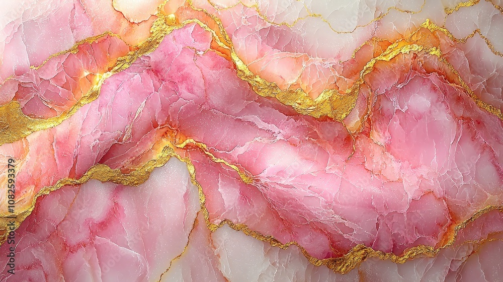 A close-up of pink and gold marbled stone, showcasing natural beauty and texture. A close-up of pink and gold marbled stone, showcasing natural beauty and texture.