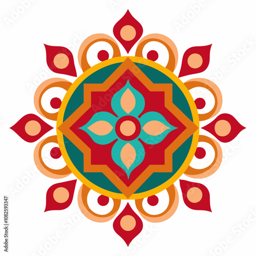 Colorful Mandala Design with Floral Patterns and Symmetrical Geometry