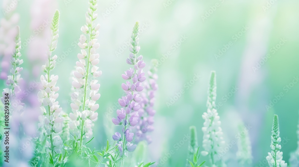 Soft focus on pastel-colored lupine flowers in a dreamy green field, creating a serene and tranquil atmosphere. Soft focus on pastel-colored lupine flowers in a dreamy green field, creating a serene and tranquil atmosphere.