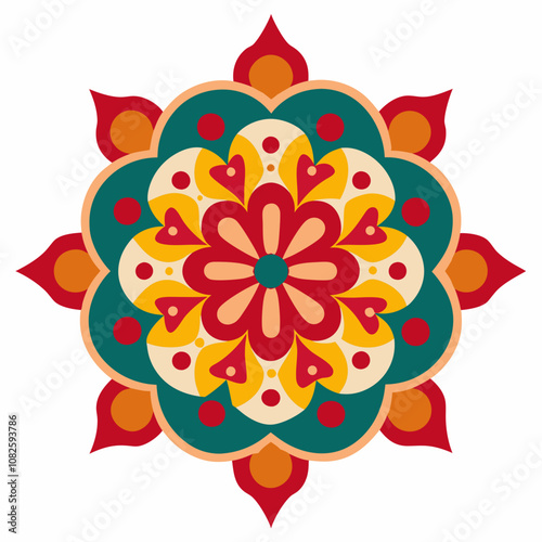 Colorful Mandala Design with Floral Patterns and Symmetrical Geometry