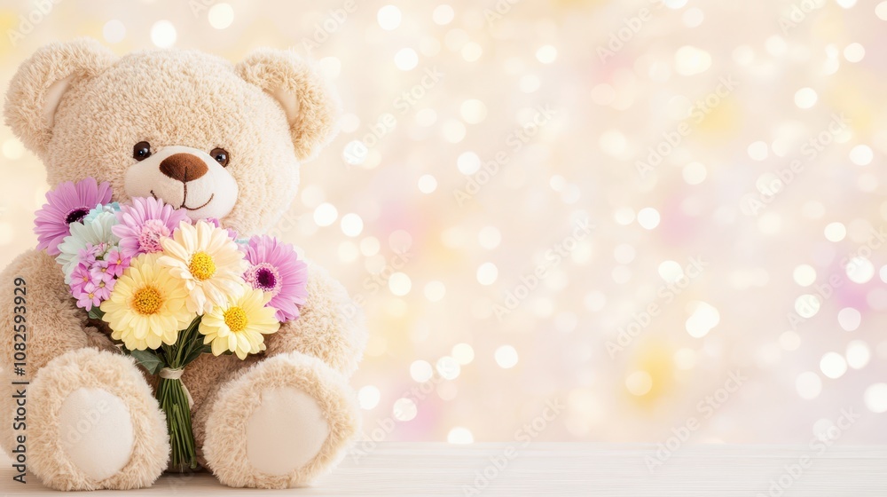 Fototapeta premium Teddy bear holding a bouquet of pastel gerberas with a bokeh background, creating a sweet and joyful atmosphere for Mother's Day.