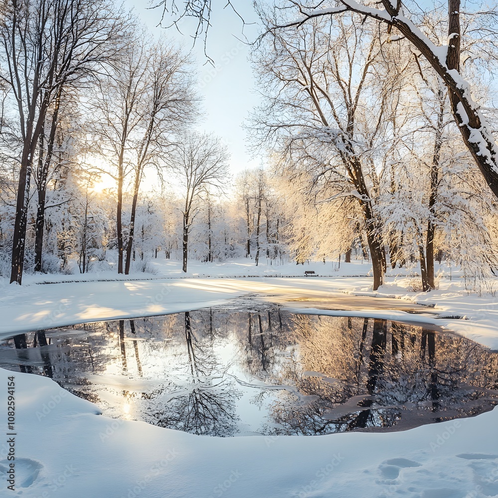 Beautiful natural landscape of a snowy city park with snow-covered trees and frozen pond on bright winter day Beautiful natural landscape of a snowy city park with snow-covered trees and frozen pond on bright winter day