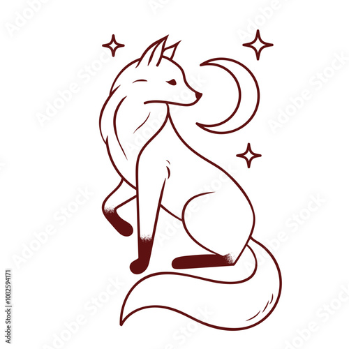 Vector Line Art Illustration of a Fox with Half Moon and Stars, Minimalistic, Modern Decor