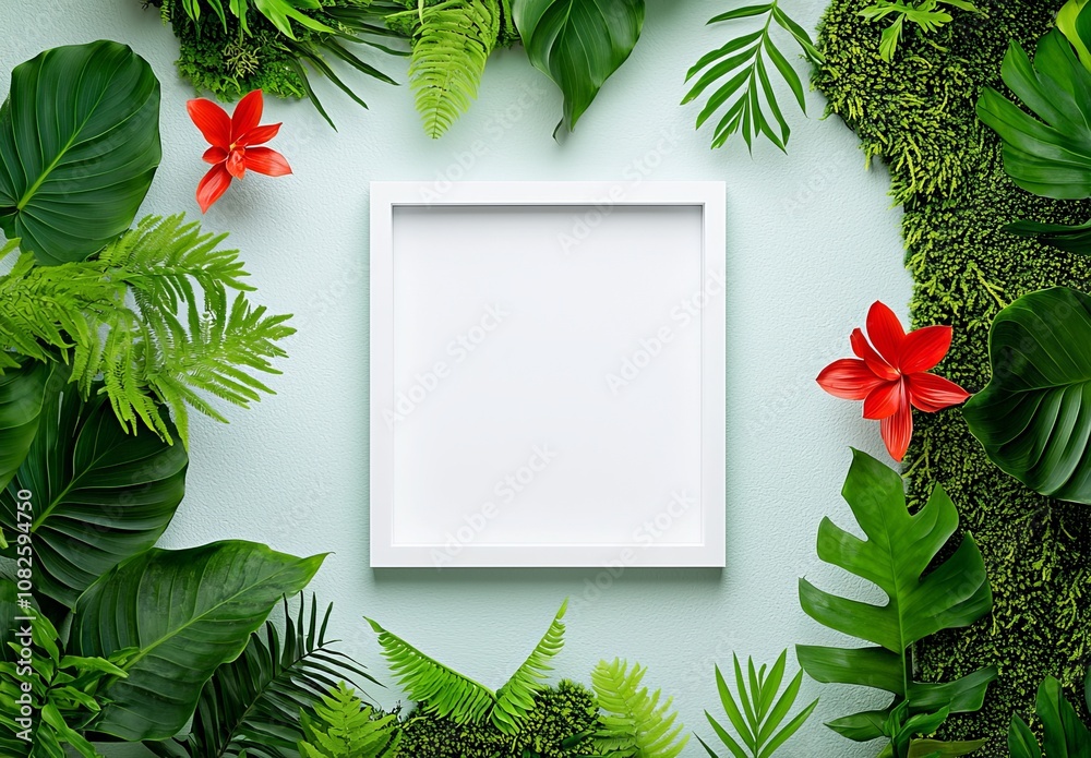 Framed tropical plants wall with green nature background. Framed tropical plants wall with green nature background.