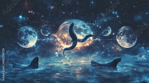 Celestial Selkie Dance: Embracing Moon Phases and Shedding Constellation Sealskins. A High-Resolution Vision for Divine Feminine Transformation and Oceanic Rituals. photo