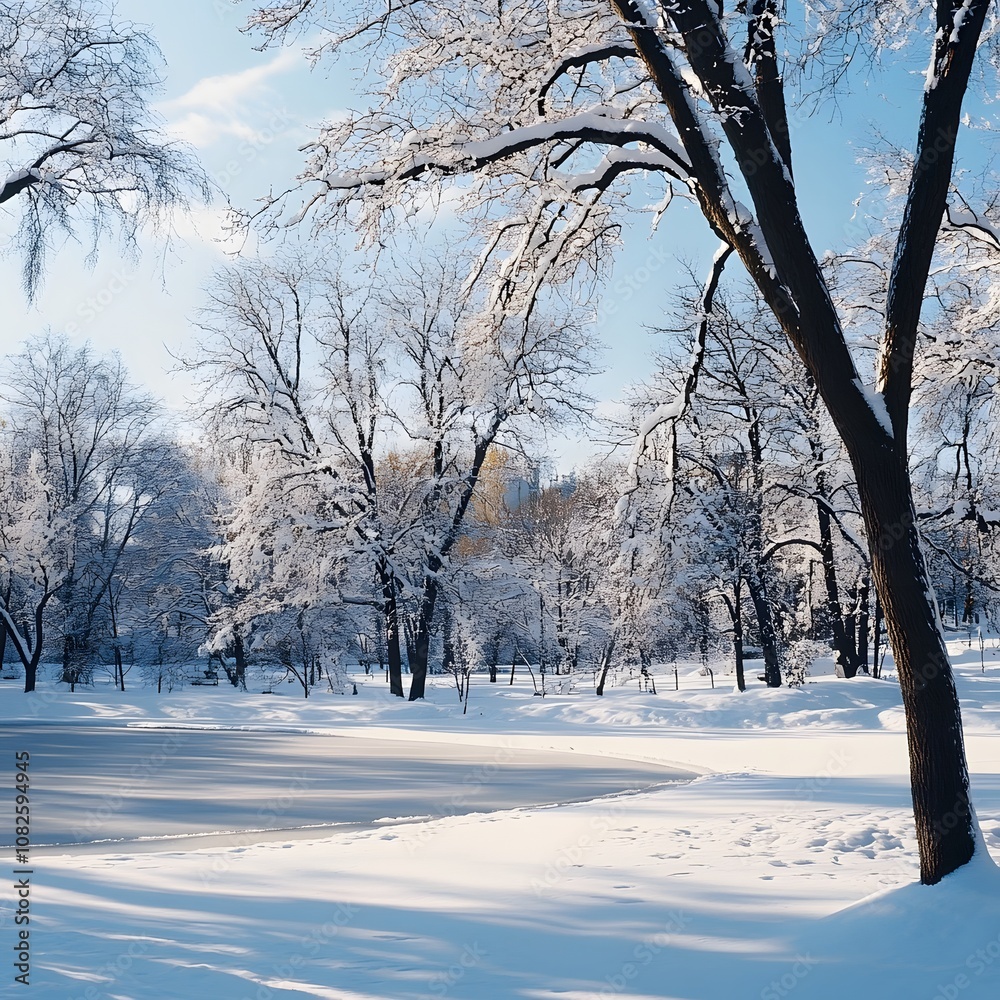 Obraz premium Beautiful natural landscape of a snowy city park with snow-covered trees and frozen pond on bright winter day