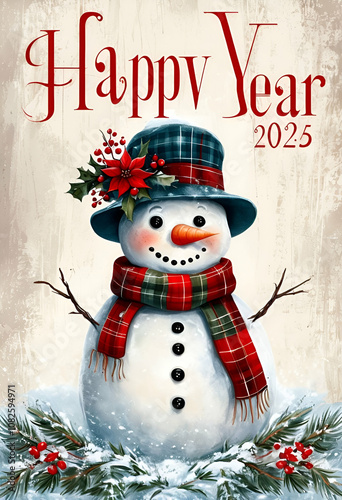  happy new year greeting card with Happy snowman in snow background.


