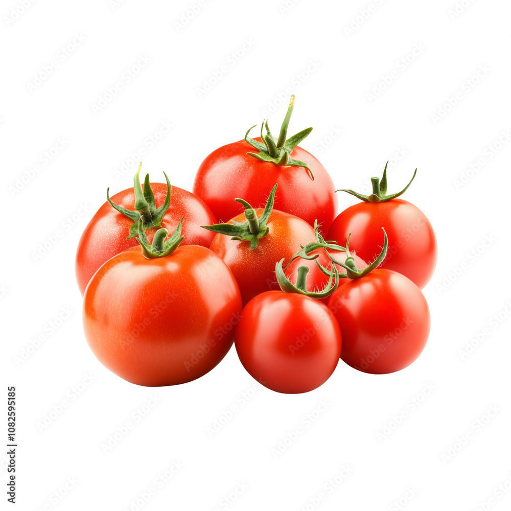 A group of ripe, juicy red tomatoes of various sizes, with a mix of cherry tomatoes, beefsteak, and heirloom varieties, with vibrant green stems. A group of ripe, juicy red tomatoes of various sizes, with a mix of cherry tomatoes, beefsteak, and heirloom varieties, with vibrant green stems.